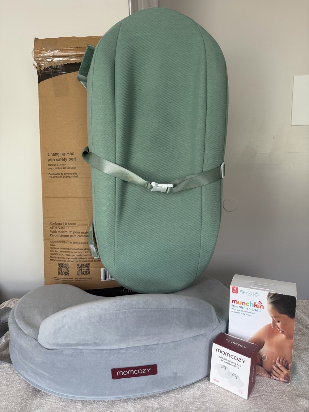 Momcozy Nursing Pillow + Changing Pad + Munchkin Nipple Shield